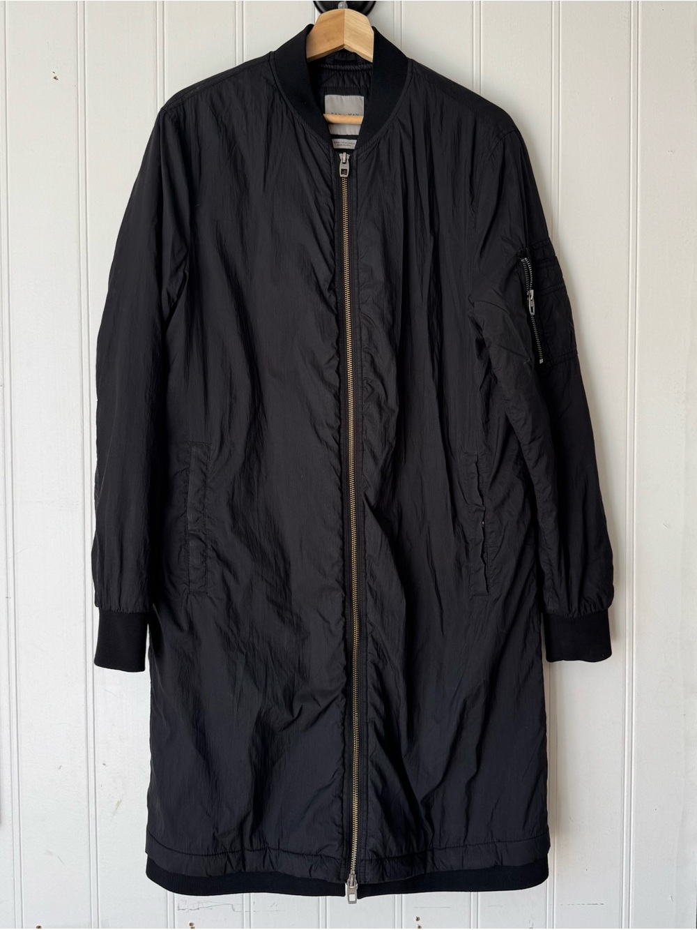 Zara Man Longline Bomber Jacket Black Lightweight Zip Coat Men’s Medium